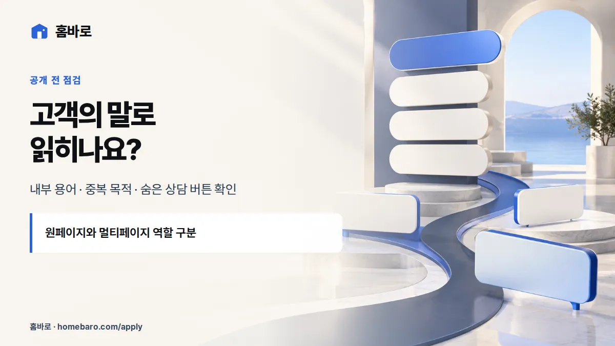 고객의 말로 읽히나요? — 내부 용어 · 중복 목적 · 숨은 상담 버튼 확인
