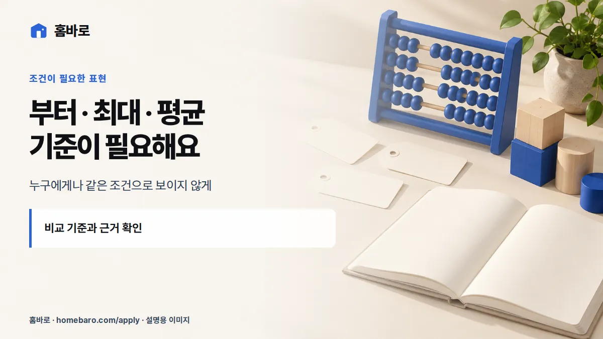 부터 · 최대 · 평균 기준이 필요해요 — 누구에게나 같은 조건으로 보이지 않게