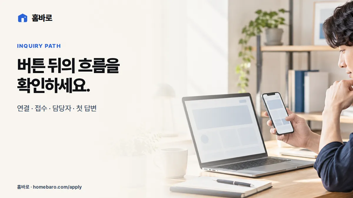 노트북과 휴대전화에서 홈페이지 문의 동선을 시험하는 모습