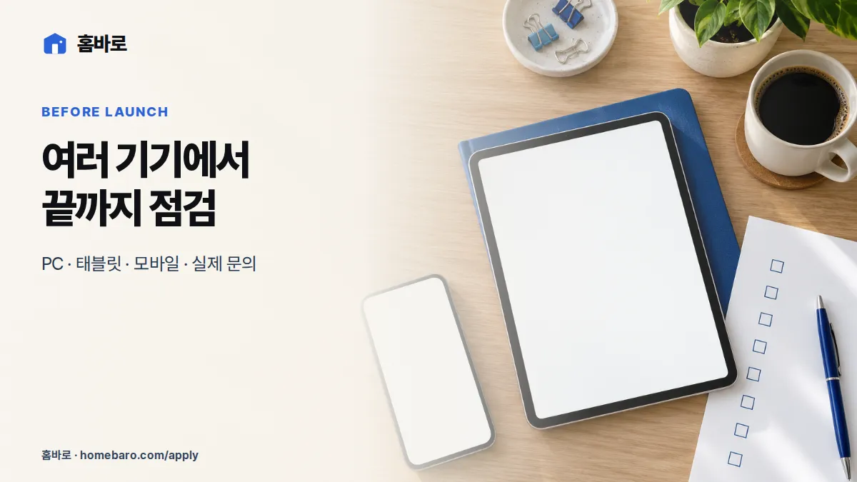 홈페이지 공개 전 여러 기기와 체크리스트를 확인하는 과정