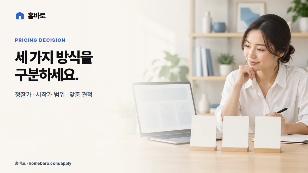 정찰가 시작가 맞춤 견적 중 홈페이지 가격 표시 방식을 고르는 모습